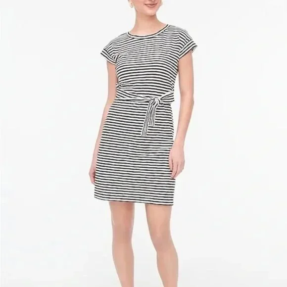J. Crew Striped Casual Blue Red Cotton Tie Waist Nautical Preppy Shirt Dress LG - Picture 1 of 15